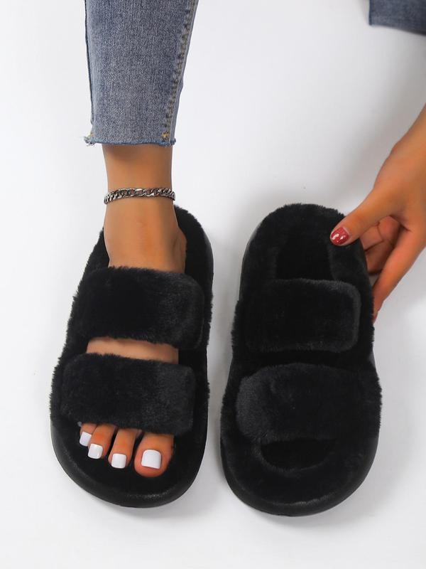 Women's Summer Comfort Solid Color Fluffy Slide Slippers, 2024 Summer Double Strap Bedroom Slippers, Girl Casual Soft Plush Home Slippers, Footwear & Walking Shoes