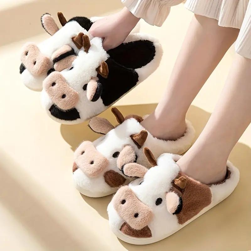 Women Men Cute Cotton Slippers Cartoon Plush Animal Cow Cotton Slippers Indoor Outdoor Puppy Slippers Footwear Walking Shoes