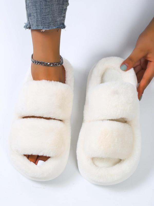 Women's Summer Comfort Solid Color Fluffy Slide Slippers, 2024 Summer Double Strap Bedroom Slippers, Girl Casual Soft Plush Home Slippers, Footwear & Walking Shoes