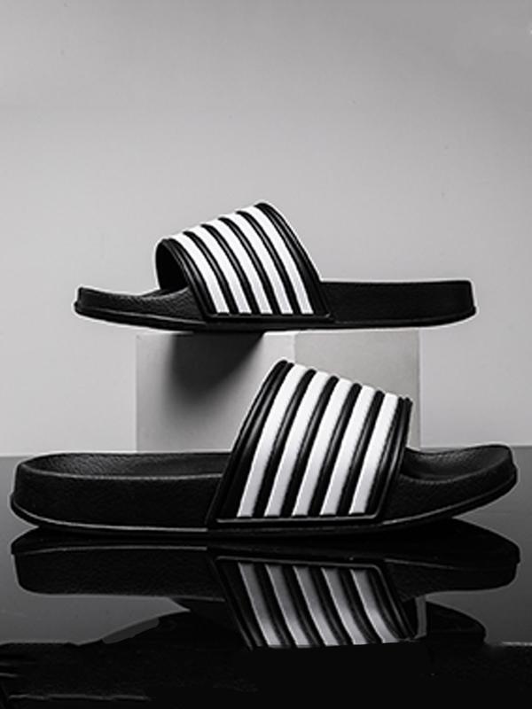 Men's Casual Striped & Star Pattern Slides, Fashionable Comfortable Bathroom Slippers, Trendy Slippers for Indoor & Outdoor Wear