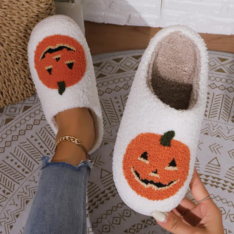 Halloween Pumpkin Slippers for Womens Mens Plush Warm Spooky Lantern Pumpkin Slippers House Shoes