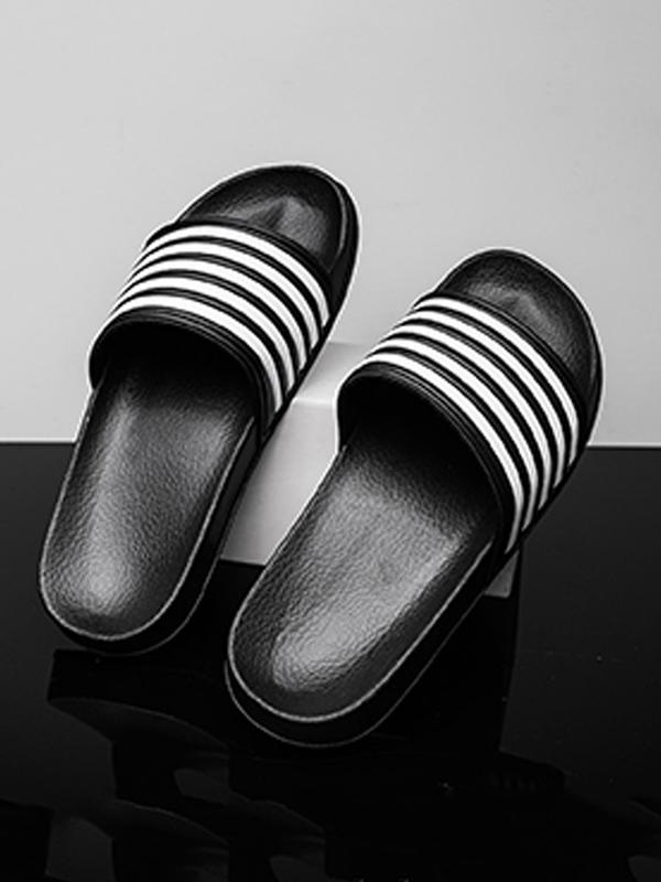 Men's Casual Striped & Star Pattern Slides, Fashionable Comfortable Bathroom Slippers, Trendy Slippers for Indoor & Outdoor Wear