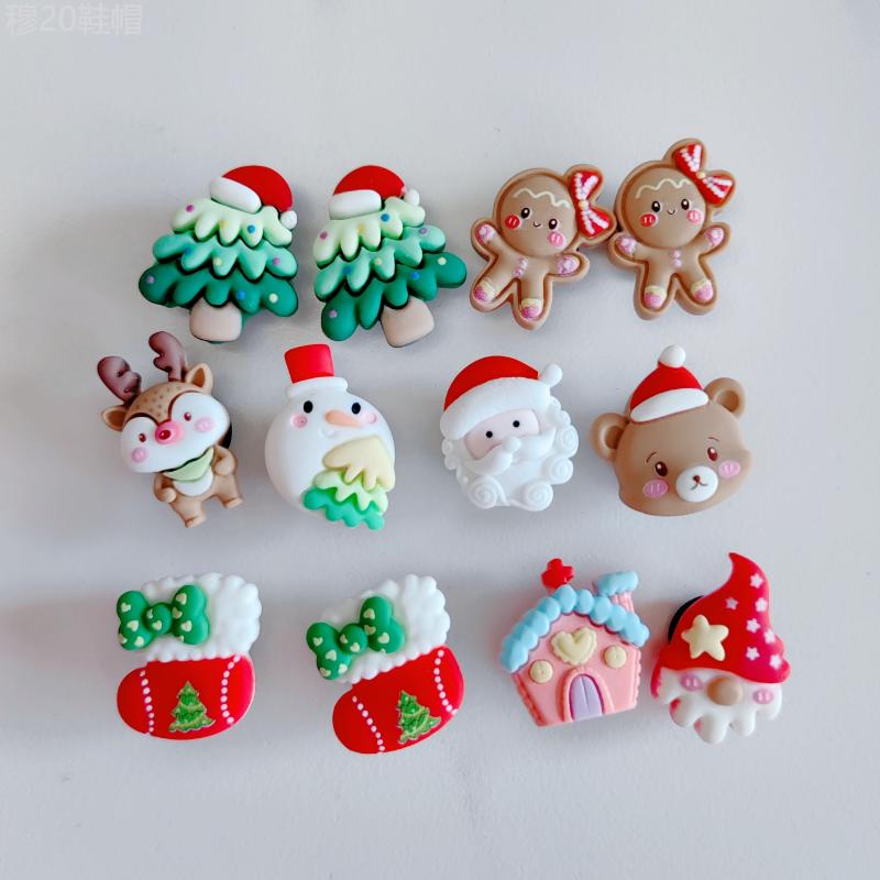 12pcs set Red Christmas Series Cartoon Shoe Charms For Clogs Sandal Decoration, DIY Accessories Footwear Comfort