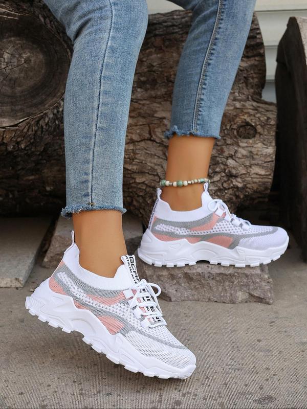 Women's Fashionable Letter Pattern Lace Up Mesh Sneakers, Casual Comfortable Breathable Sports Running Shoes, All-match Basic Shoes for Daily Wear