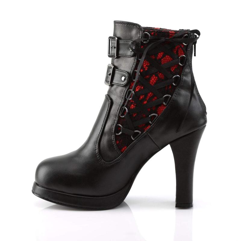 Demonia Crypto-51 Black-Red Lace Vegan Leather Ankle Boots