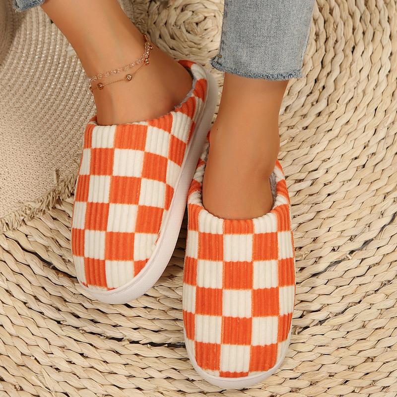 Cozy Plaid Women's Slippers - Warm, Fashionable, Fluffy, Indoor Outdoor Flat Shoes with Round Toe for Comfortable Winter Footwear