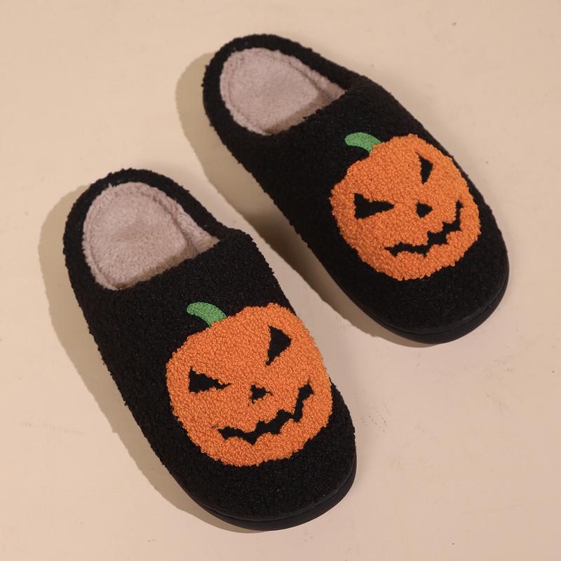 Halloween Pumpkin Slippers for Womens Mens Plush Warm Spooky Lantern Pumpkin Slippers House Shoes