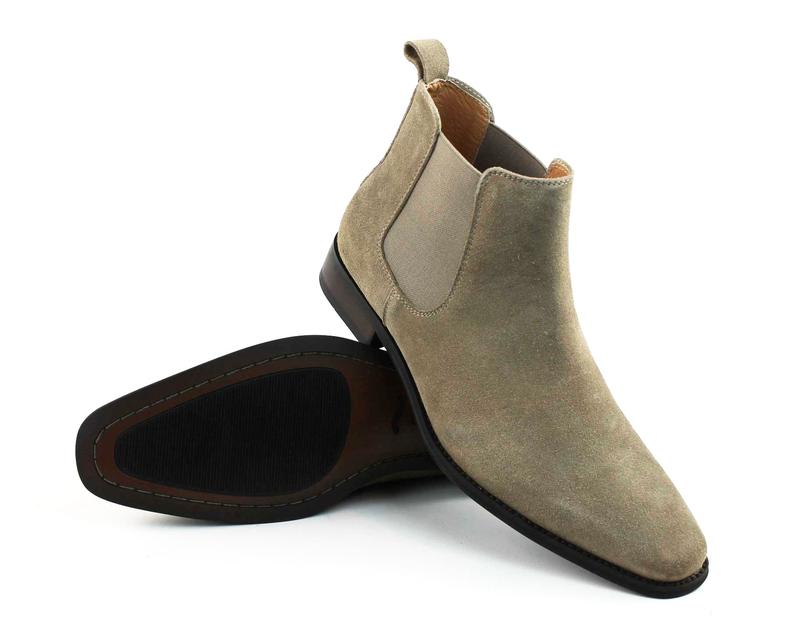 Men's Real Suede Tan Chelsea Boots Ankle High Pull On Round Toe Slip Resistant Block Heel AZARMAN