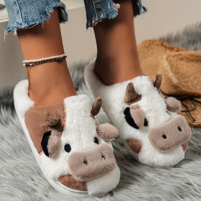 Women Men Cute Cotton Slippers Cartoon Plush Animal Cow Cotton Slippers Indoor Outdoor Puppy Slippers Footwear Walking Shoes