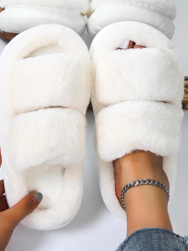 Women's Summer Comfort Solid Color Fluffy Slide Slippers, 2024 Summer Double Strap Bedroom Slippers, Girl Casual Soft Plush Home Slippers, Footwear & Walking Shoes