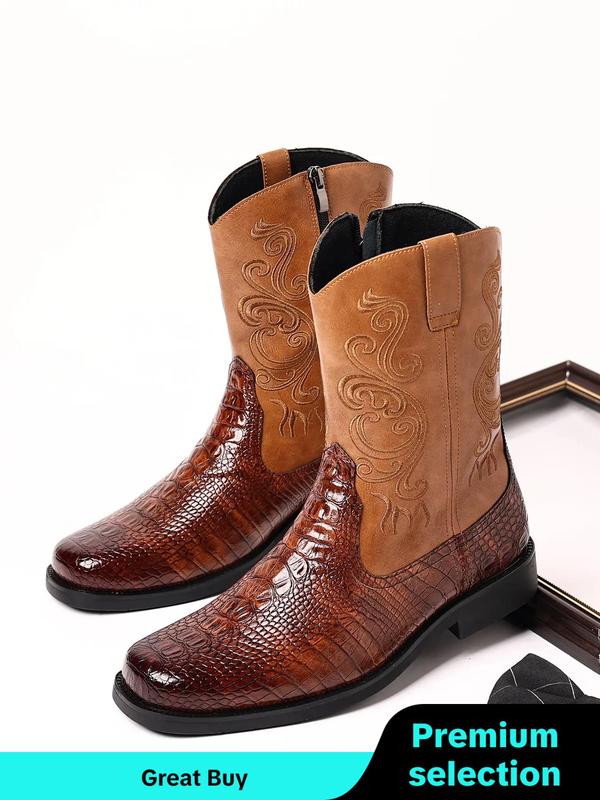 Men's Fashionable Casual Embroidery Design Mid-calf Boots Shoes As Gifts, Vintage Style Crocodile Embossed Design Boots for Daily Wear, Perfect for Men for Party, Fall Outfits, Earthtone Fall Freshness Boots for Fall 2024, Birthday Outfits