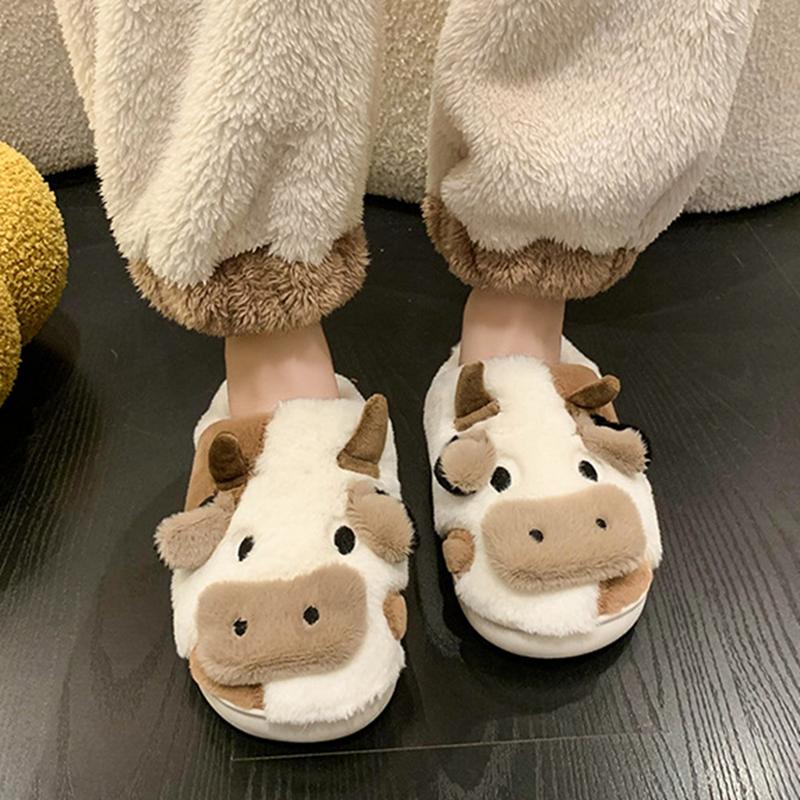 Women's Cow Slippers Winter Soft Cartoon Cute Cow Slides Clog House Shoes for Indoor