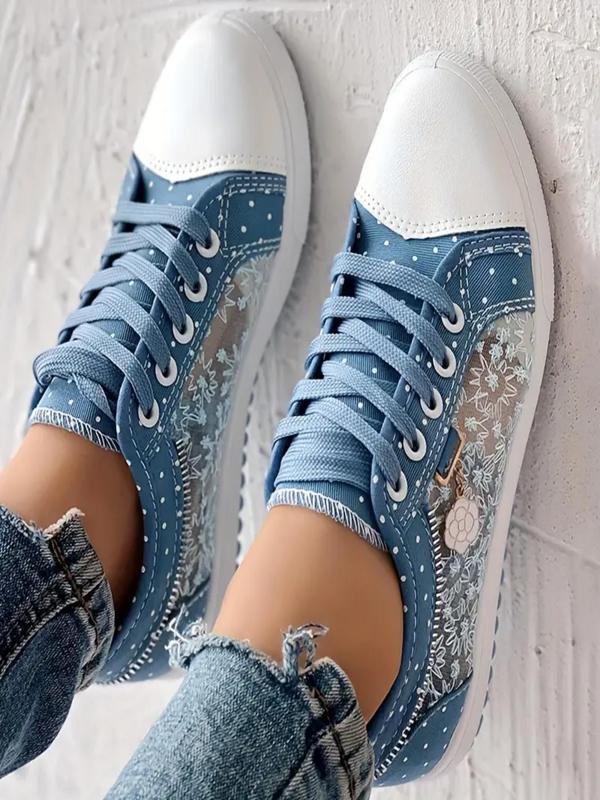 Women's Fashionable Embroidered Design Lace Mesh Sneakers, Casual Comfortable Breathable Sports Shoes, Female All-match Round Toe Shoes for Daily Wear