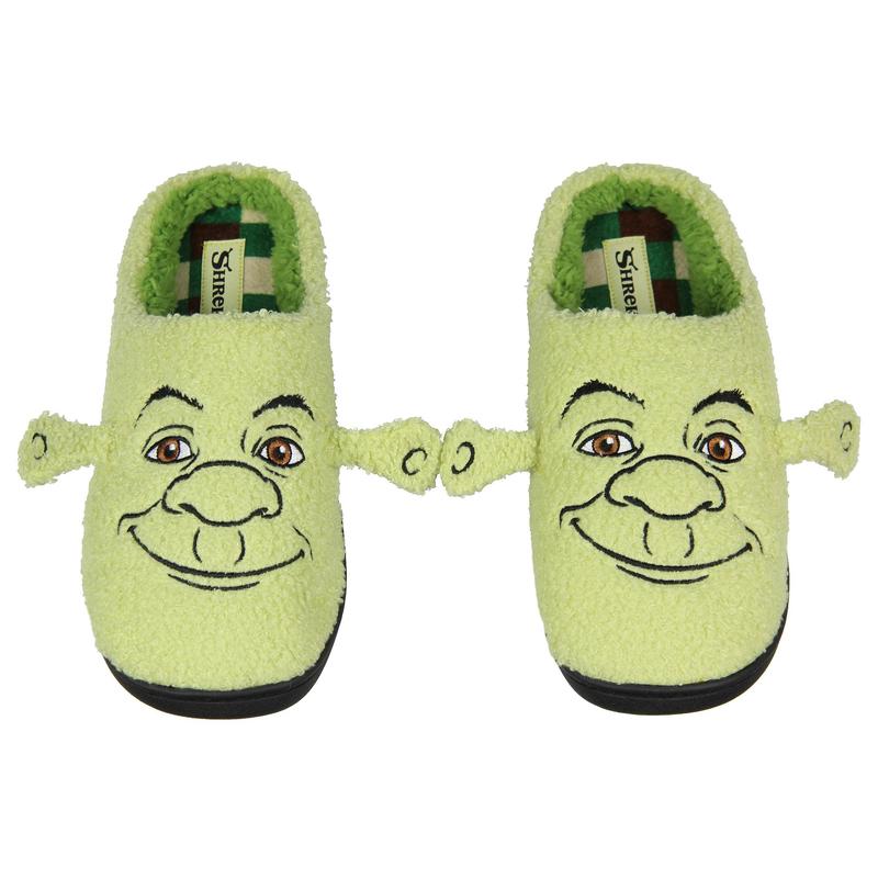 Shrek Men's Embroidered Big Face With 3D Ears Fleece Lined Adult Slippers Plaid Insole Print For Men And Women