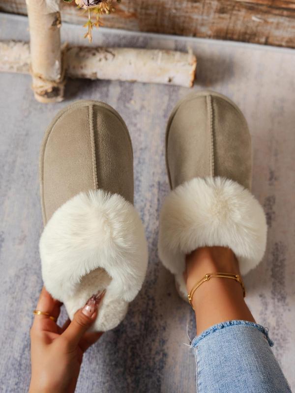 Women's Solid Color Contrast Faux Fur Slippers, Casual Soft Comfortable Home Slippers, Warm Slippers for Indoor & Outdoor Use for Fall & Winter