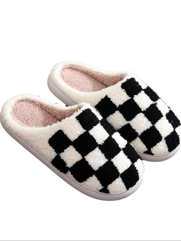 Women's Checkerboard Pattern Plush Slippers, Casual Soft Comfortable Home Slippers, Warm Slippers for Indoor & Outdoor Use for Fall & Winter