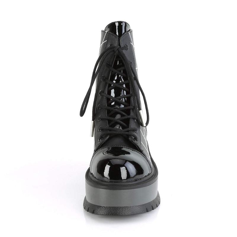 Demonia Slacker-88 Black Vegan Leather- Patent Ankle Boots