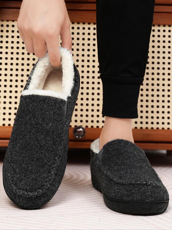 Men's Casual Solid Color Plush Lining Slippers, Non-slip Warm Slippers for Indoor & Outdoor Wear, Fluffy House Shoes for Fall & Winter