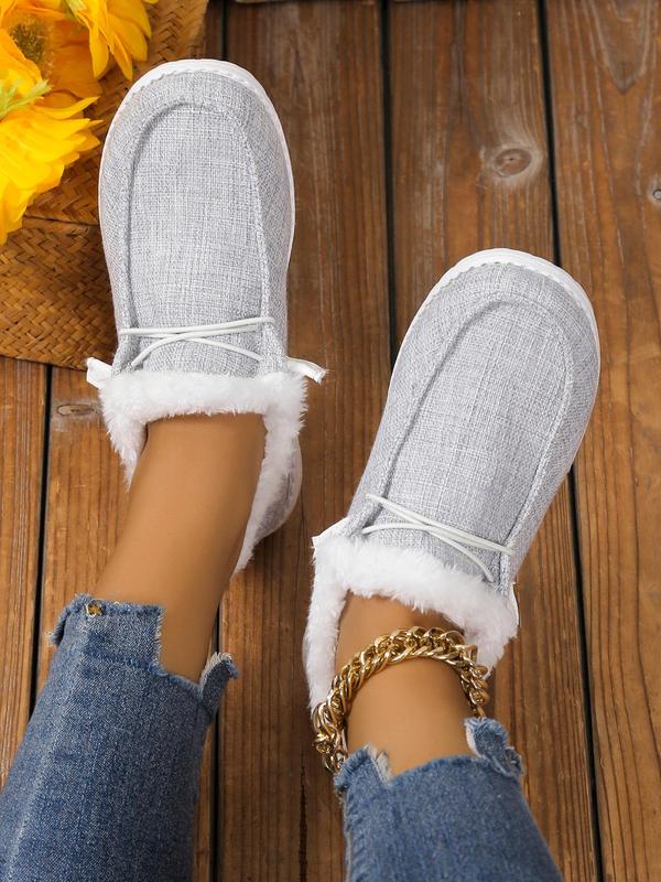 Minimalist Solid Color Flats As Galentine's Day Gift, Lace-up Front Thermal Lined Plush Slip-ons, Faux Fur Lined Casual Shoes Fit for Fall & Winter Wear, Comfort Footwear & Walking Shoes