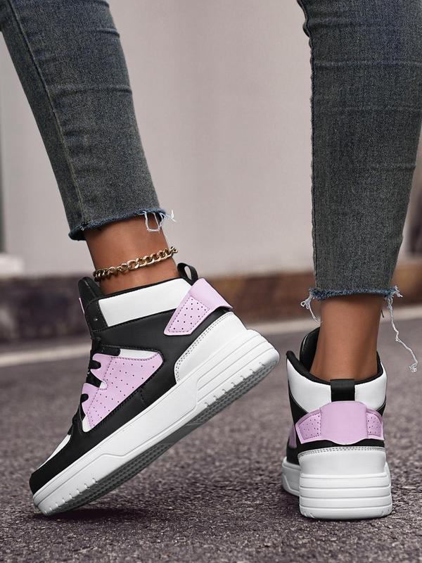 Women's Fashion Colorblock Patched Design Lace Up High Top Sneakers, Casual Comfortable Breathable Non-slip Skate Shoes, Female All-match Round Toe Sports Shoes for Daily Wear