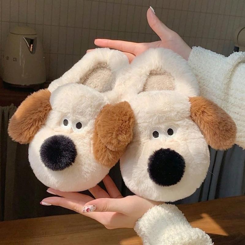 Women's Cute Fall Winter Indoor Slippers with 3D Dog Shaped Design in Light Beige - Thick Anti-Slip Warm Plush Slippers,Girl Footwear Walking Shoes