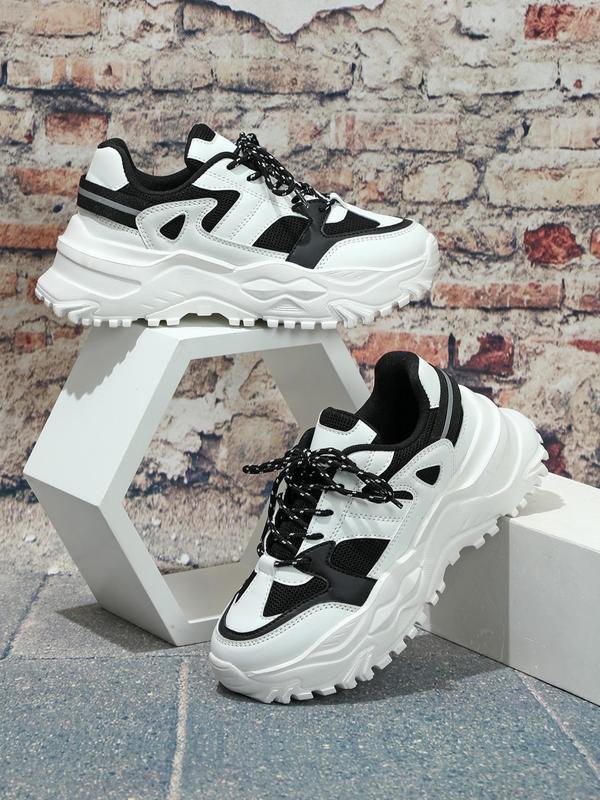 Men's Casual Trend Colorblock Lace-up Platform Sneakers, Fashion Mesh Breathable Sports Comfortable Running 2024 Fall Shoes