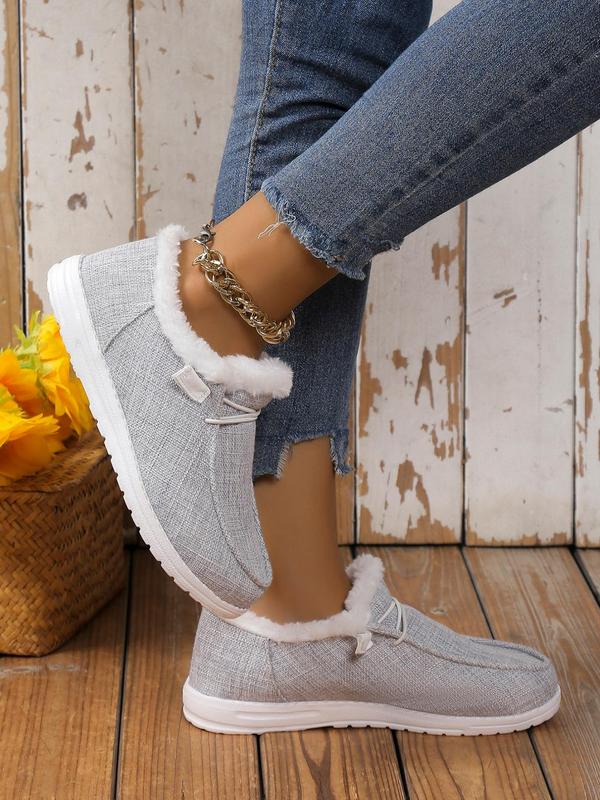 Minimalist Solid Color Flats As Galentine's Day Gift, Lace-up Front Thermal Lined Plush Slip-ons, Faux Fur Lined Casual Shoes Fit for Fall & Winter Wear, Comfort Footwear & Walking Shoes