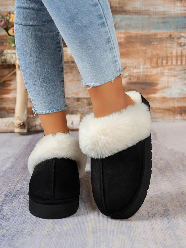 Women's Solid Color Contrast Faux Fur Slippers, Casual Soft Comfortable Home Slippers, Warm Slippers for Indoor & Outdoor Use for Fall & Winter