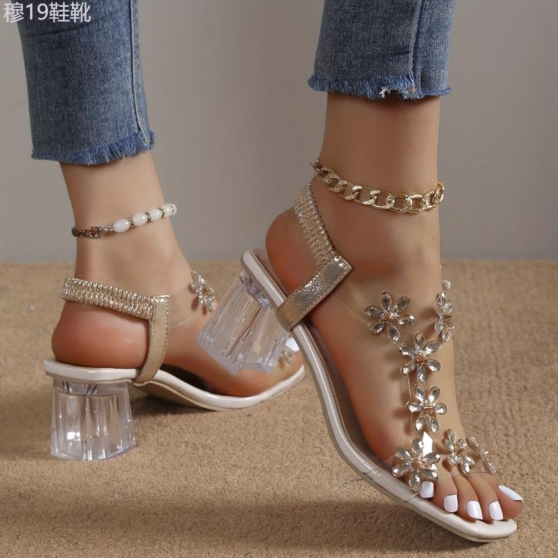 Summer Elegance High Heel Sandals - Sparkling Flower Rhinestone, Square Toe with Transparent Block Heel and Elastic Ankle Strap Footwear Shoe