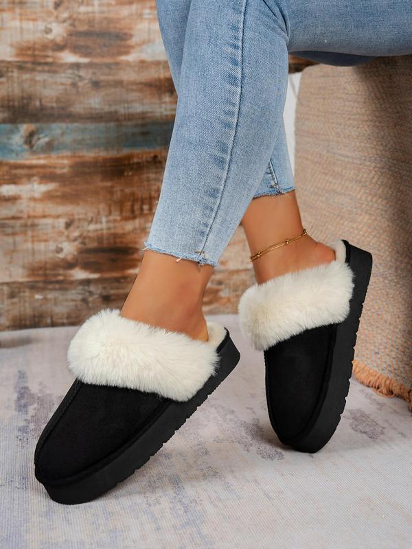 Women's Solid Color Contrast Faux Fur Slippers, Casual Soft Comfortable Home Slippers, Warm Slippers for Indoor & Outdoor Use for Fall & Winter