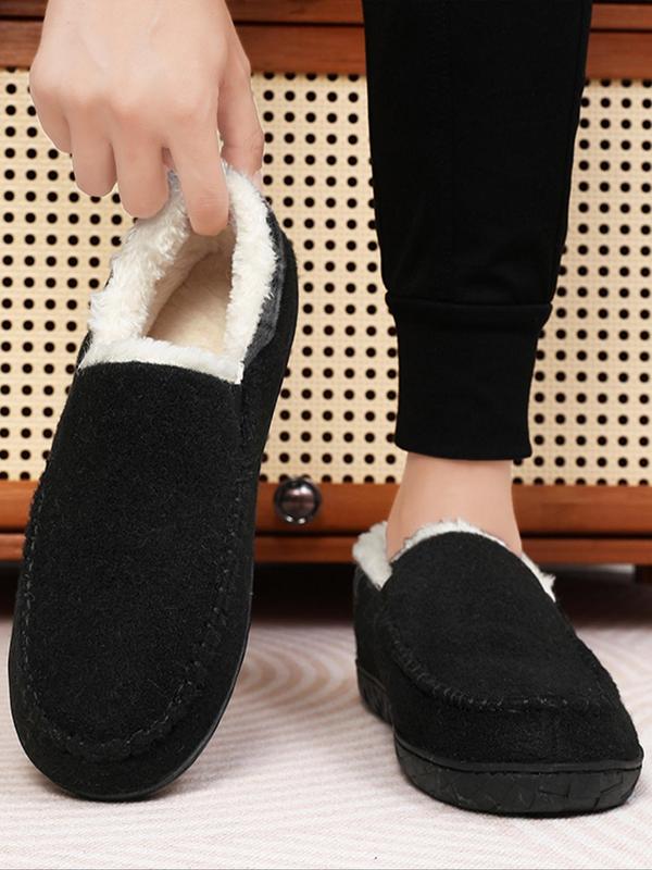 Men's Casual Solid Color Plush Lining Slippers, Non-slip Warm Slippers for Indoor & Outdoor Wear, Fluffy House Shoes for Fall & Winter