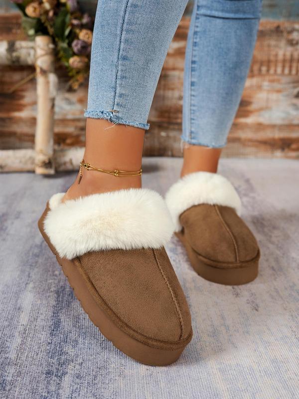 Women's Solid Color Contrast Faux Fur Slippers, Casual Soft Comfortable Home Slippers, Warm Slippers for Indoor & Outdoor Use for Fall & Winter