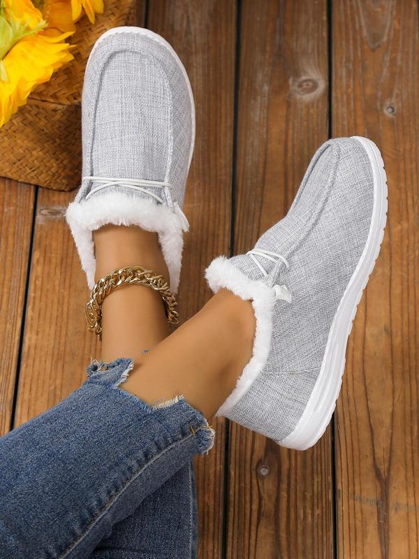 Minimalist Solid Color Flats As Galentine's Day Gift, Lace-up Front Thermal Lined Plush Slip-ons, Faux Fur Lined Casual Shoes Fit for Fall & Winter Wear, Comfort Footwear & Walking Shoes