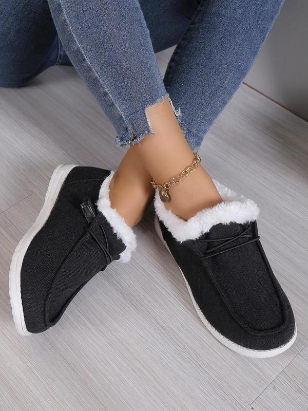 Women's 2024 Fashion Contrast Faux Fur Design Slip-on Shoes, Casual Comfortable Warm Thermal Lined Sports Shoes for Fall & Winter, Lace Up Front Winter Loafers, Walking Shoes As Gift