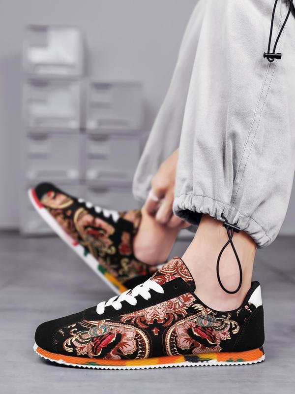 Men's Fashionable Boho Style Lace Up Low Top Sneakers, Casual Comfortable Flower Design Sports Shoes for Daily Wear, Breathable Non-slip Sneakers