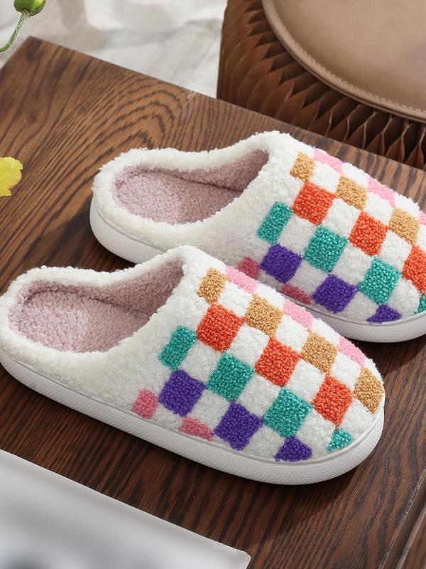 Women's Checkerboard Pattern Plush Slippers, Casual Soft Comfortable Home Slippers, Warm Slippers for Indoor & Outdoor Use for Fall & Winter