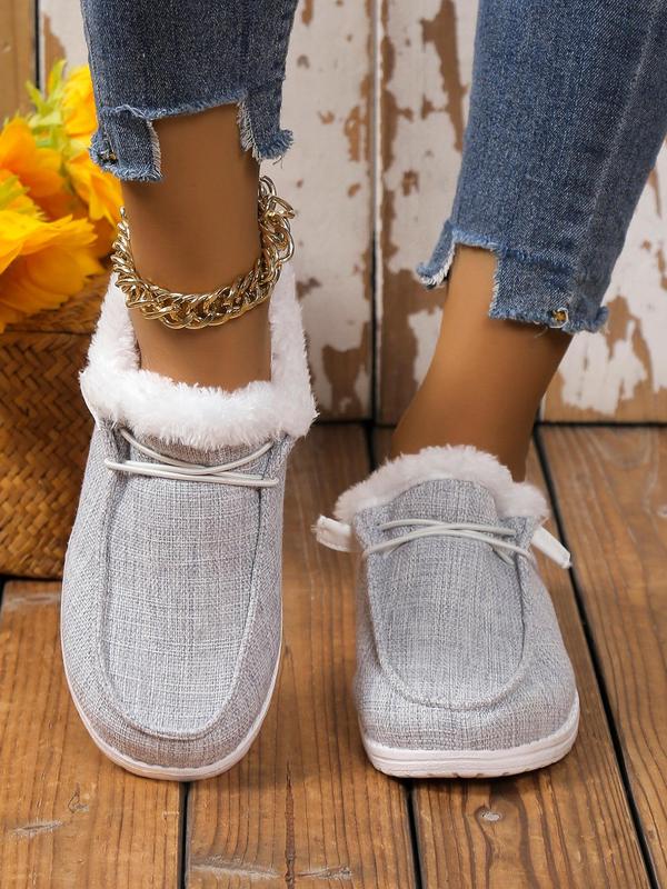 Minimalist Solid Color Flats As Galentine's Day Gift, Lace-up Front Thermal Lined Plush Slip-ons, Faux Fur Lined Casual Shoes Fit for Fall & Winter Wear, Comfort Footwear & Walking Shoes