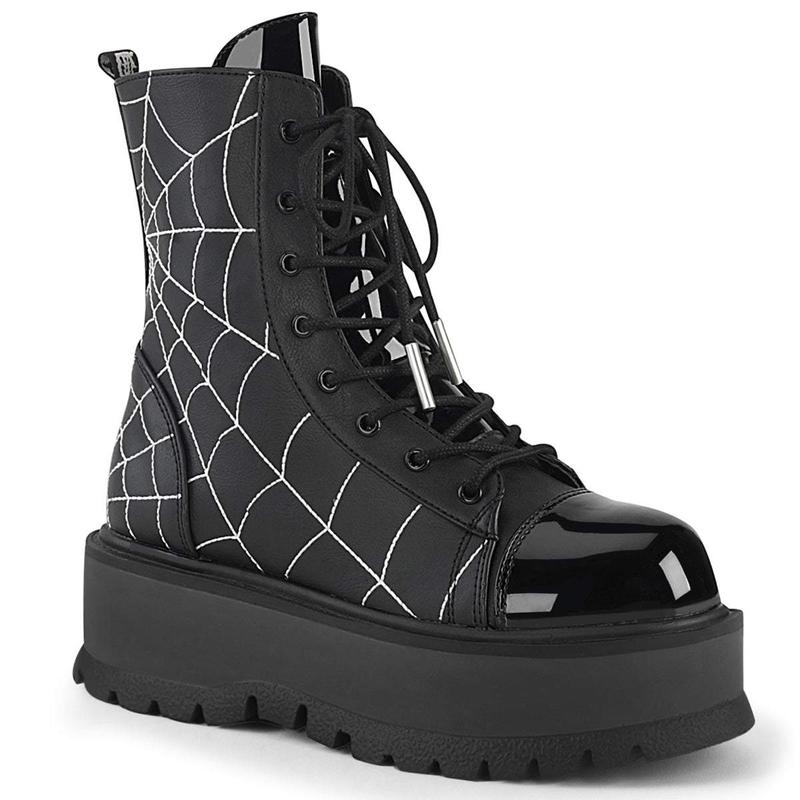 Demonia Slacker-88 Black Vegan Leather- Patent Ankle Boots