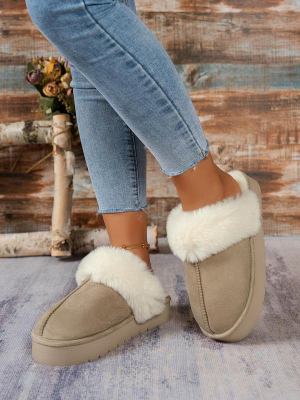 Women's Solid Color Contrast Faux Fur Slippers, Casual Soft Comfortable Home Slippers, Warm Slippers for Indoor & Outdoor Use for Fall & Winter