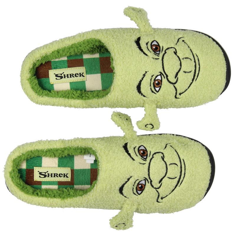 Shrek Men's Embroidered Big Face With 3D Ears Fleece Lined Adult Slippers Plaid Insole Print For Men And Women