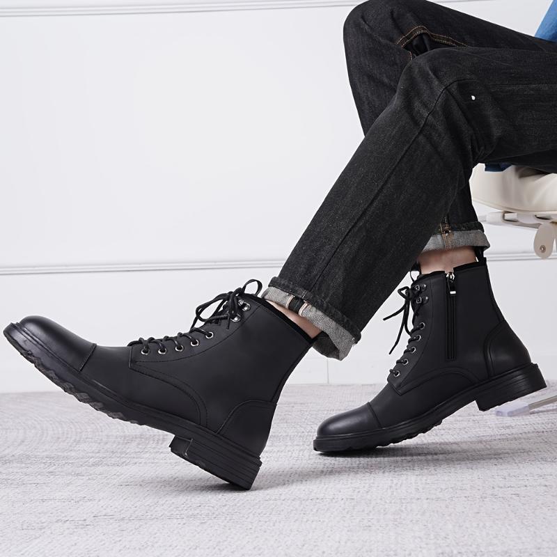 Men's Solid Cap Toe Dress Boots With PU Leather Uppers, Wear-resistant Non Slip Lace-up High Top Boots For Men's Outdoor Activities