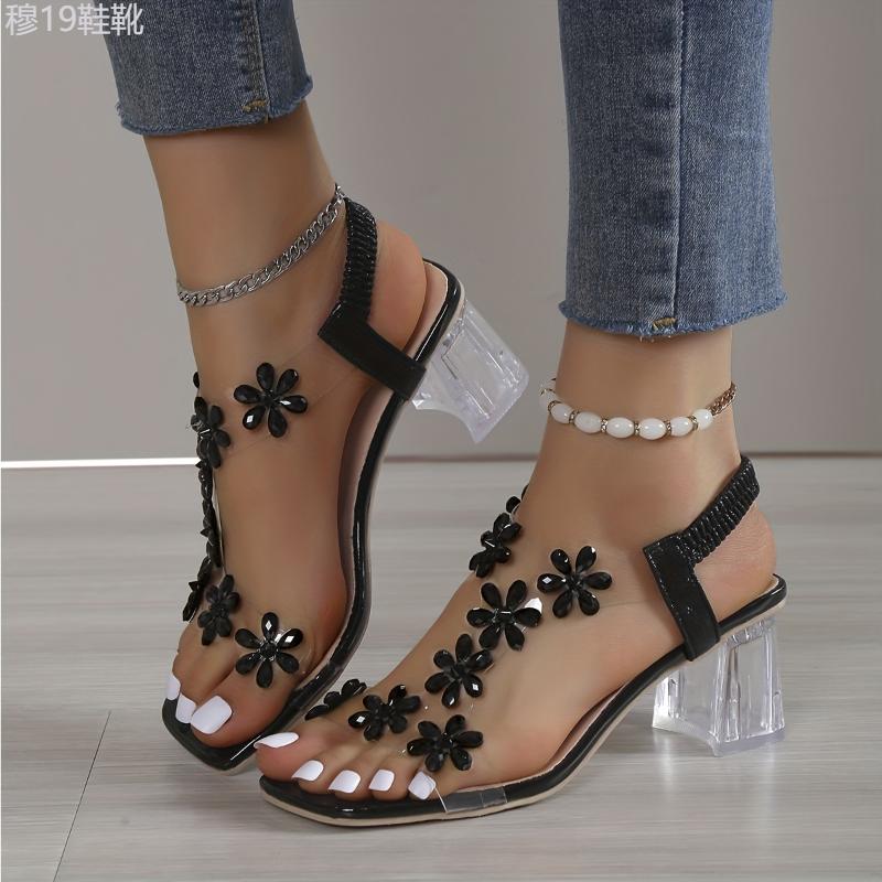 Summer Elegance High Heel Sandals - Sparkling Flower Rhinestone, Square Toe with Transparent Block Heel and Elastic Ankle Strap Footwear Shoe