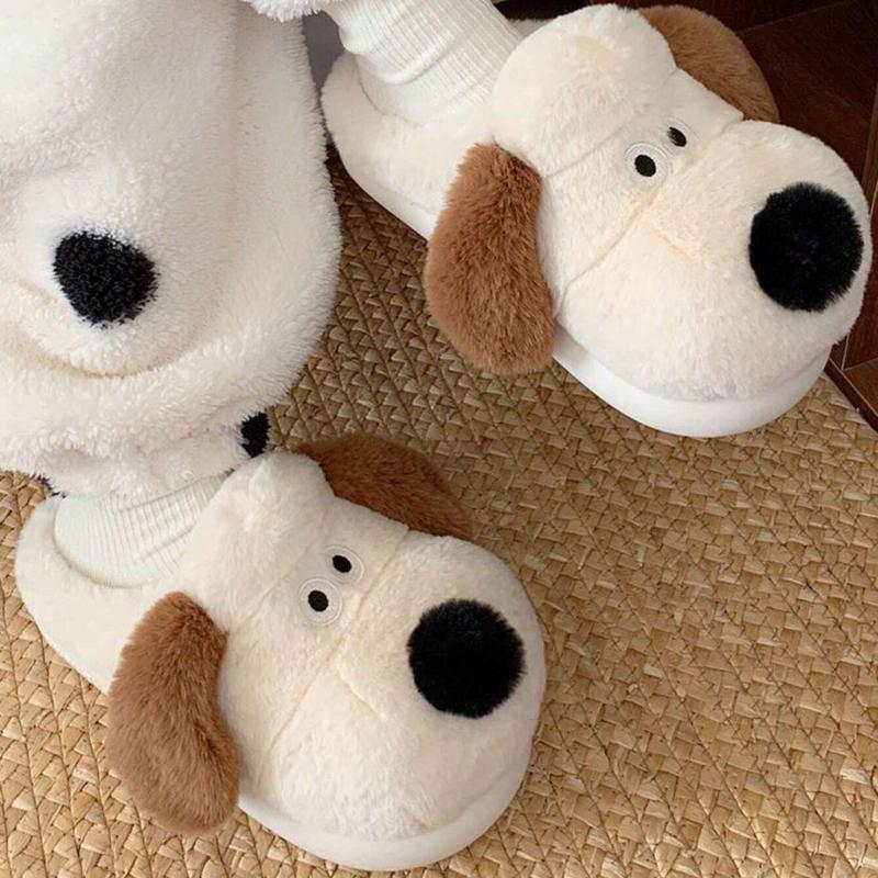 Women's Cute Fall Winter Indoor Slippers with 3D Dog Shaped Design in Light Beige - Thick Anti-Slip Warm Plush Slippers,Girl Footwear Walking Shoes