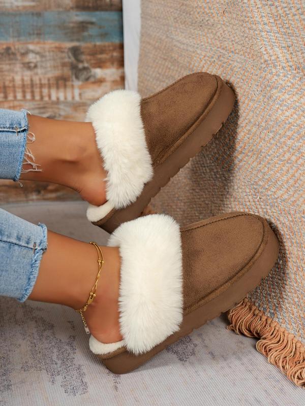 Women's Solid Color Contrast Faux Fur Slippers, Casual Soft Comfortable Home Slippers, Warm Slippers for Indoor & Outdoor Use for Fall & Winter