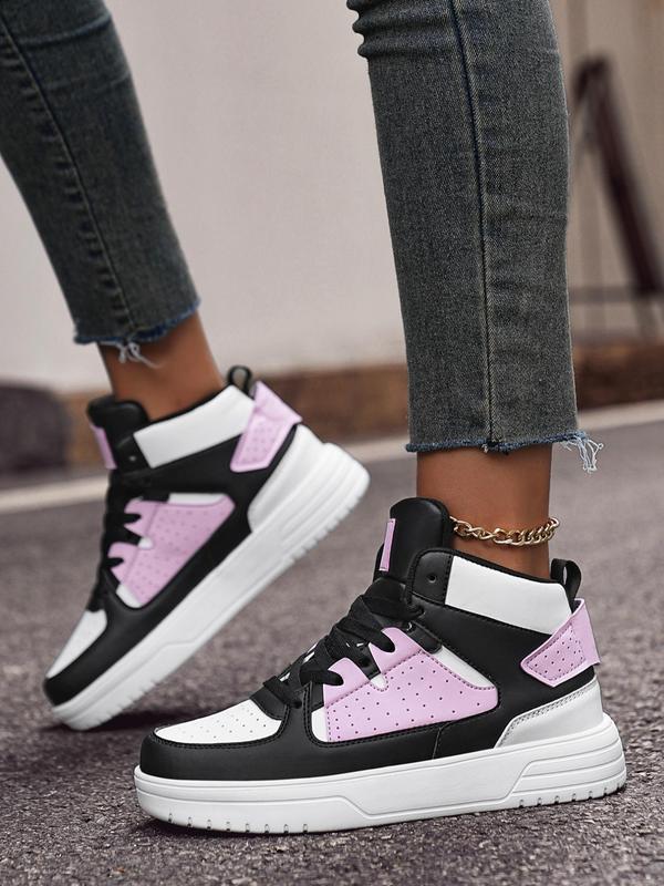 Women's Fashion Colorblock Patched Design Lace Up High Top Sneakers, Casual Comfortable Breathable Non-slip Skate Shoes, Female All-match Round Toe Sports Shoes for Daily Wear