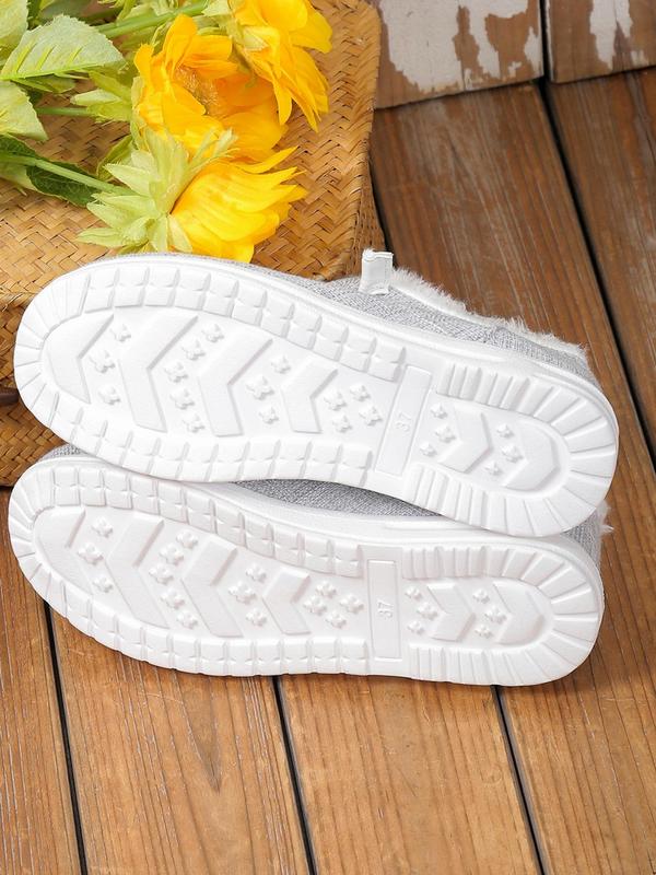 Minimalist Solid Color Flats As Galentine's Day Gift, Lace-up Front Thermal Lined Plush Slip-ons, Faux Fur Lined Casual Shoes Fit for Fall & Winter Wear, Comfort Footwear & Walking Shoes