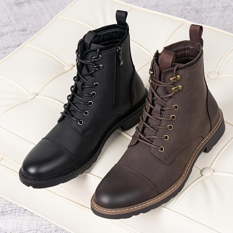 Men's Solid Cap Toe Dress Boots With PU Leather Uppers, Wear-resistant Non Slip Lace-up High Top Boots For Men's Outdoor Activities