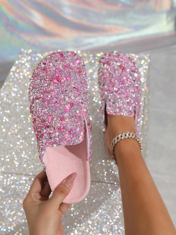 Women's Fashionable Rhinestone & Sequins Decorated Slip on Sandals, Casual Comfortable Flat Sandals for Beach, Fashionable Shoes for Daily Wear