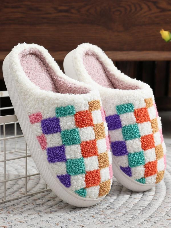 Women's Checkerboard Pattern Plush Slippers, Casual Soft Comfortable Home Slippers, Warm Slippers for Indoor & Outdoor Use for Fall & Winter