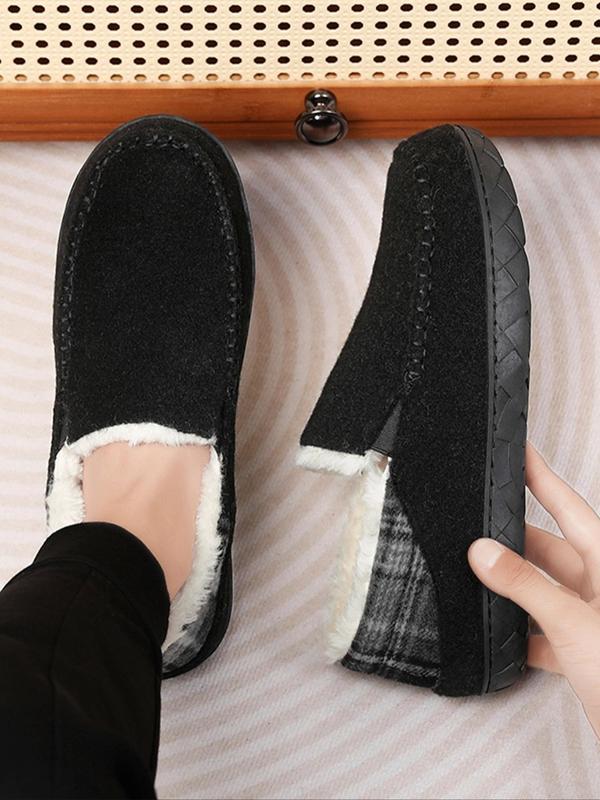 Men's Casual Solid Color Plush Lining Slippers, Non-slip Warm Slippers for Indoor & Outdoor Wear, Fluffy House Shoes for Fall & Winter